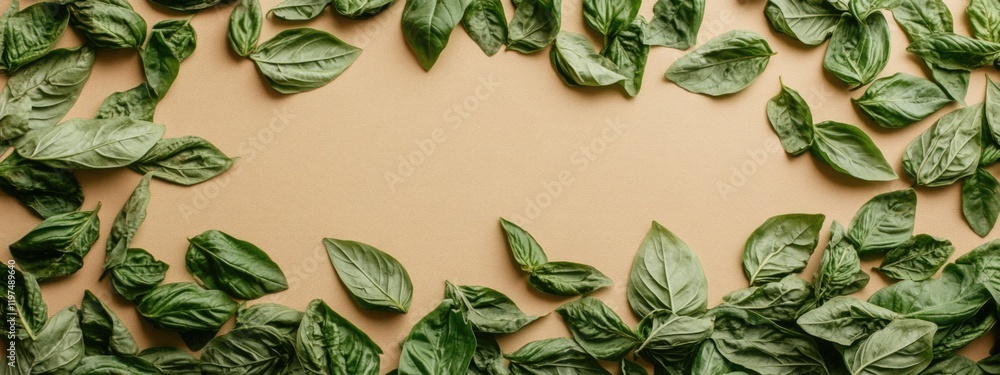 Poster green basil leaves arranged in a border on a beige background with ample copy space for text placeme