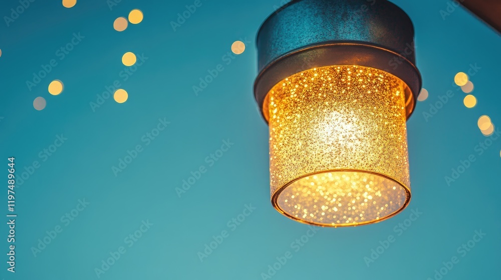 Poster elegant hanging lamp with warm light glowing against a blue background, featuring bokeh effects and 
