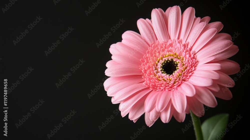 Poster pink gerbera daisy flower on a dark background with ample copy space for text placement and design e