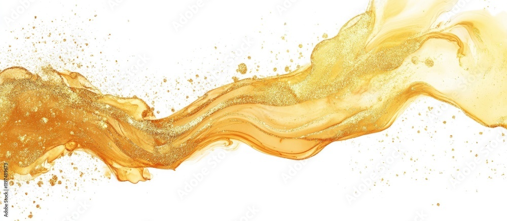Poster golden liquid splash with dynamic flow and droplets on a white background featuring ample copy space
