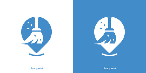 Simple Clean Point Logo. Location Map Point and Mop or Broom Graphic Icon. Cleaning Service Logo Design Template.
