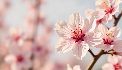 Fototapeta premium Cherry blossom flowers on a light background with gentle ambiance