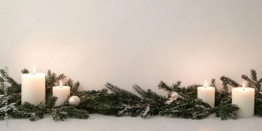 Wall mural Christmas decoration with white candles and snowy evergreen branches on a plain background with copy space for text