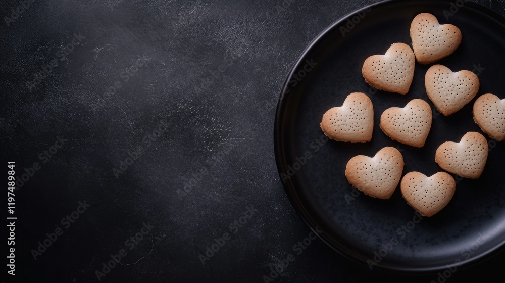Poster heart-shaped cookies arranged on a black plate with a textured dark background and ample copy space 