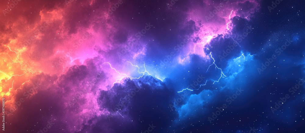 Poster vibrant cosmic abstract background with colorful nebula clouds and lightning effects in deep space c