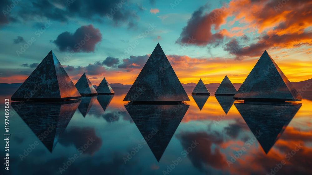 Poster surreal mountain range with floating geometric pyramids in colorful sunset sky