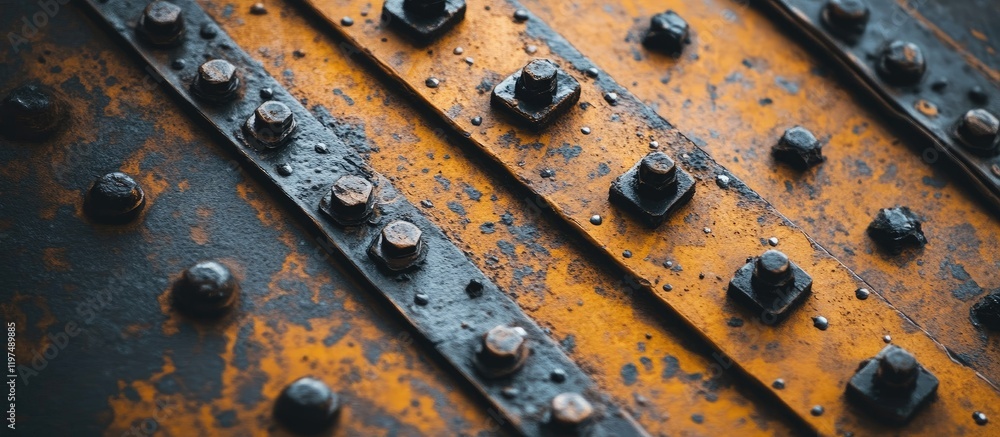 Poster rusty metal surface with industrial rivets and bolts creating a textured background with visible cor