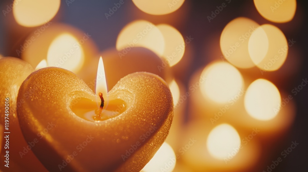 Poster heart-shaped candles glowing softly with blurred bokeh lights in the background suitable for romanti