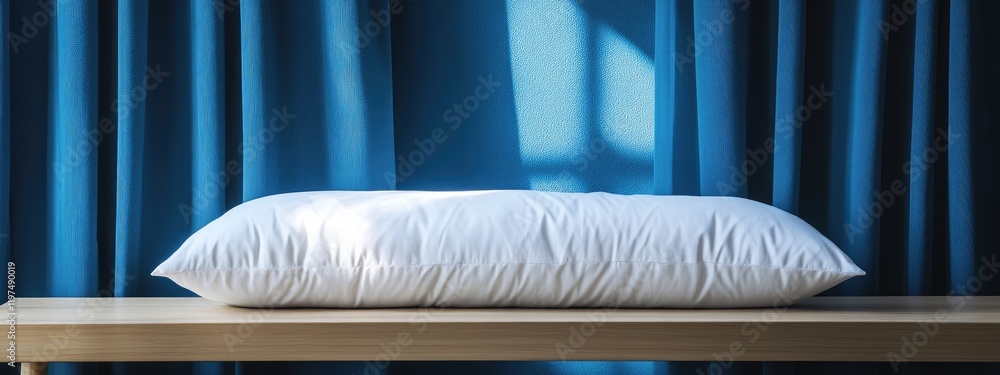 Poster white pillow on a wooden shelf with blue curtains in the background and natural light creating soft 