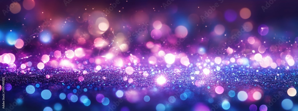Poster abstract bokeh lights background in vibrant purple and blue tones with soft glows and copy space for