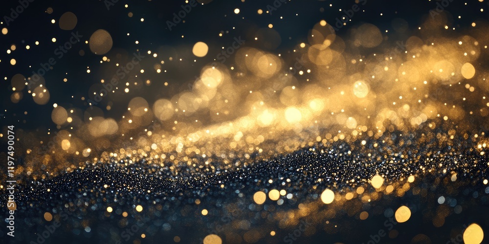 Poster golden bokeh background with shimmering particles and soft lights in dark ambiance copy space