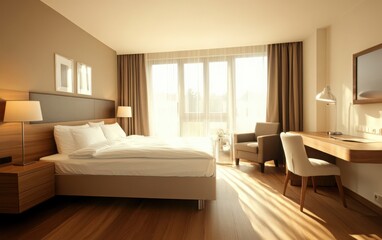 Fototapeta premium A modern bedroom with a walnut desk, a white bed, and light wood floors, with a large window allowing fresh air and natural light into the room 