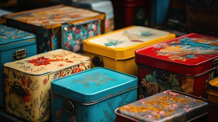 Fototapeta premium Colorful vintage tin boxes stacked creatively displaying intricate floral designs and vibrant colors with potential copy space for text.
