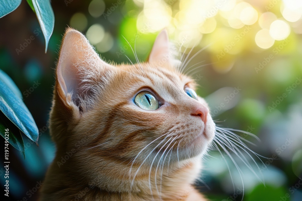 Poster captivating orange cat with green eyes gazing thoughtfully in a lush garden setting during golden ho