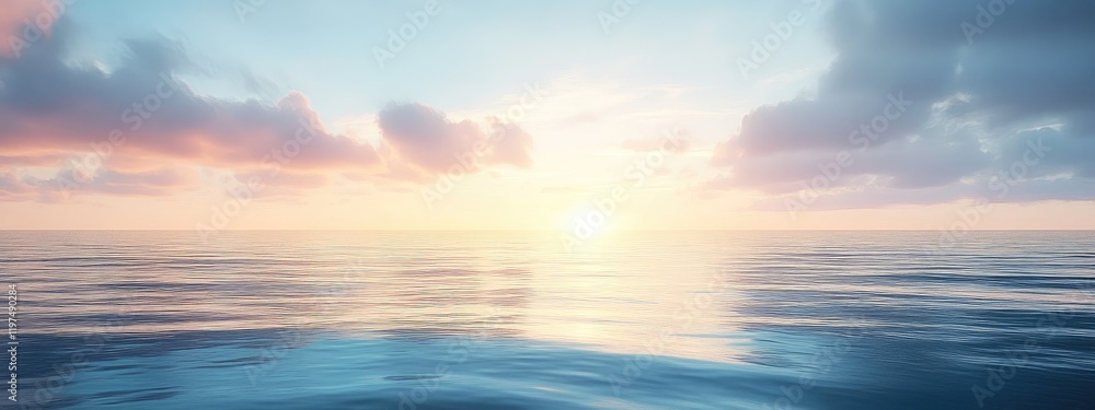Poster sunrise over calm ocean waters with pastel sky and clouds reflecting on the surface copy space avail
