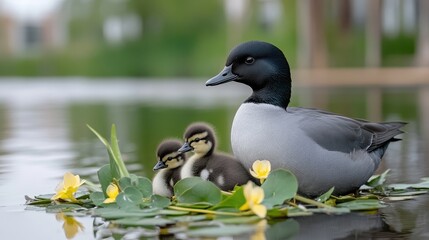 Fototapeta premium Moorhens guard their ducklings as they enjoy the serene pond, surrounded by vibrant green leaves and calm water