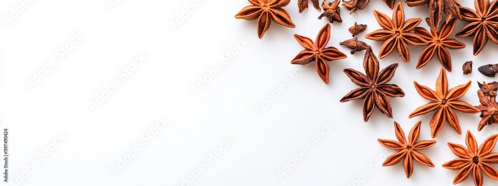 Poster star anise spices arranged on white background with copy space for text and design elements