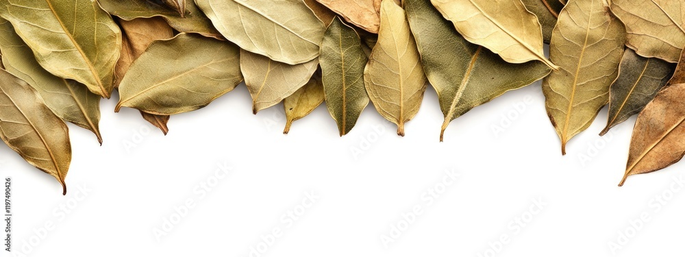 Aufkleber dried bay leaves arranged on white background with copy space for text or design elements