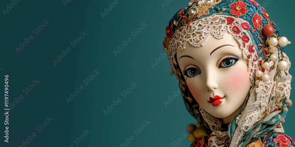 Poster portrait of a traditional doll with intricate costume details against a solid colored background wit