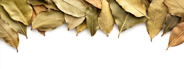 Dried bay leaves arranged on white background with copy space for text or design elements