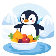Naklejka premium Cartoon penguin near a bowl of fruit in snowy mountains for a healthy meal concept