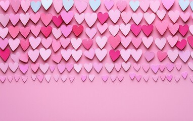 A delightful row of vibrant hearts dances across a soft pink backdrop, radiating love and warmth, perfect for celebrating Valentine's Day.