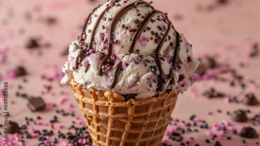 Poster delicious ice cream cone topped with chocolate drizzle and colorful sprinkles on a pink background w