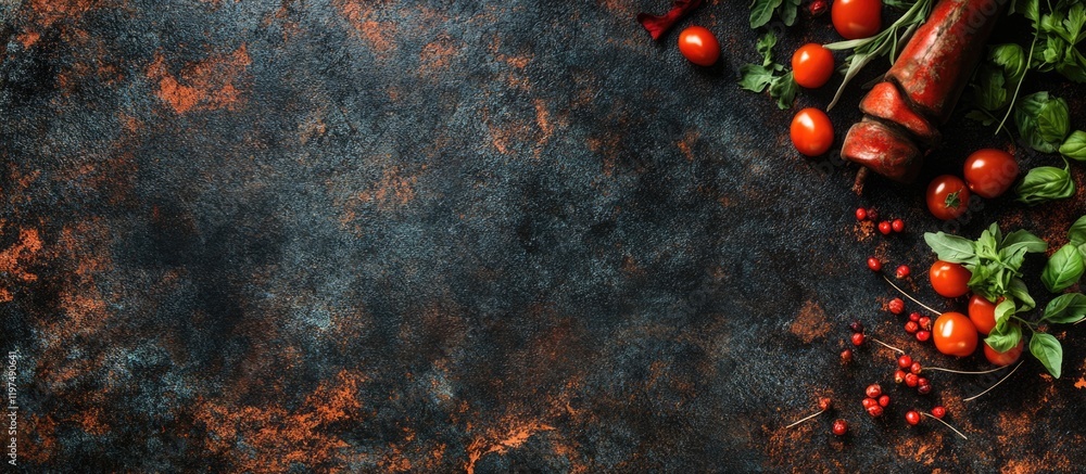 Poster fresh vegetables and herbs arranged on dark textured background with copy space for text placement