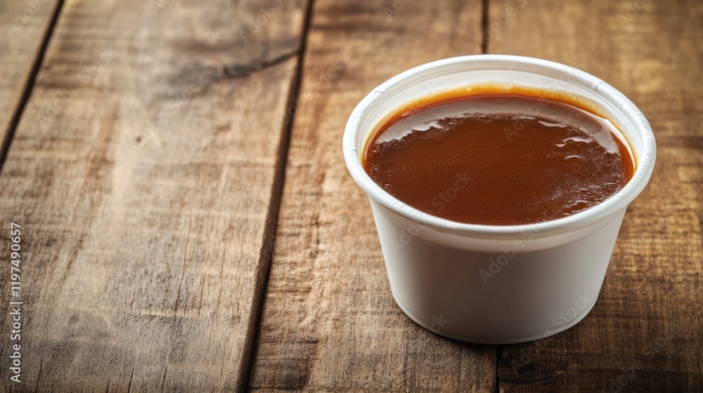 Aufkleber container of rich brown sauce on rustic wooden background with ample copy space for text or branding