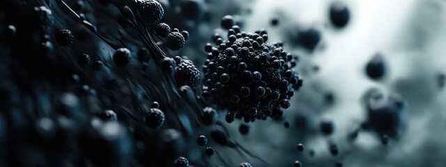 Microscopic view of dark spherical microorganisms on a blurred background with copy space for text or design elements