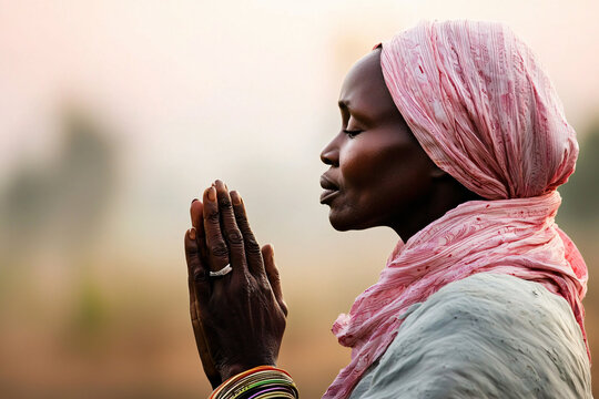 faithful african woman praying, delicate hand gesture