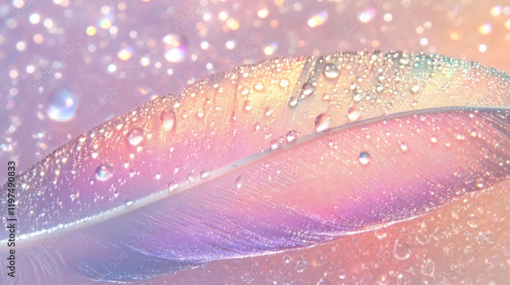 Poster colorful feather with water droplets on a soft background featuring bokeh effects and pastel colors 