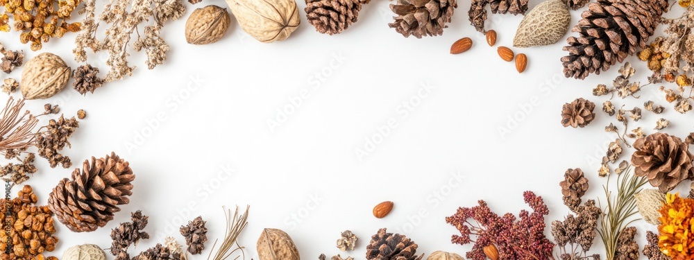 Poster various seeds, nuts, and pine cones arranged in a border on a white background with ample copy space