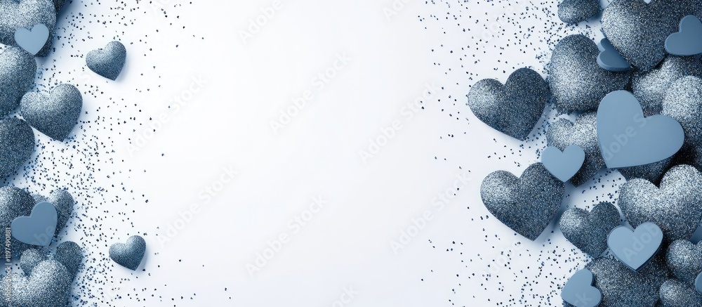 Poster blue heart shaped confetti on a white background with copy space for text or graphics