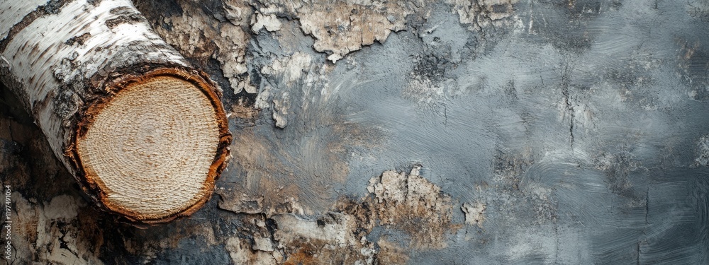 Poster birch tree trunk section with textured bark on a gray background providing ample copy space for desi