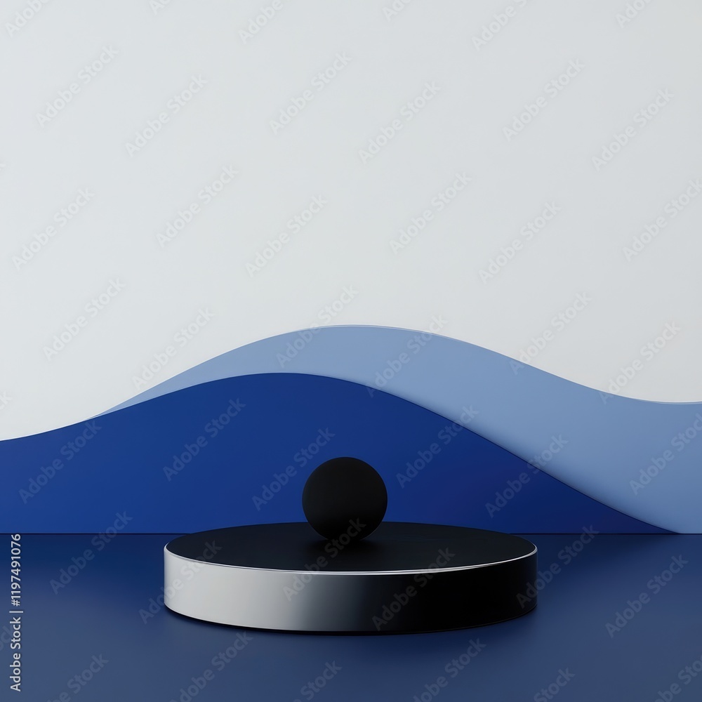 Poster abstract geometric composition with black sphere on metallic base in front of blue and white curved 
