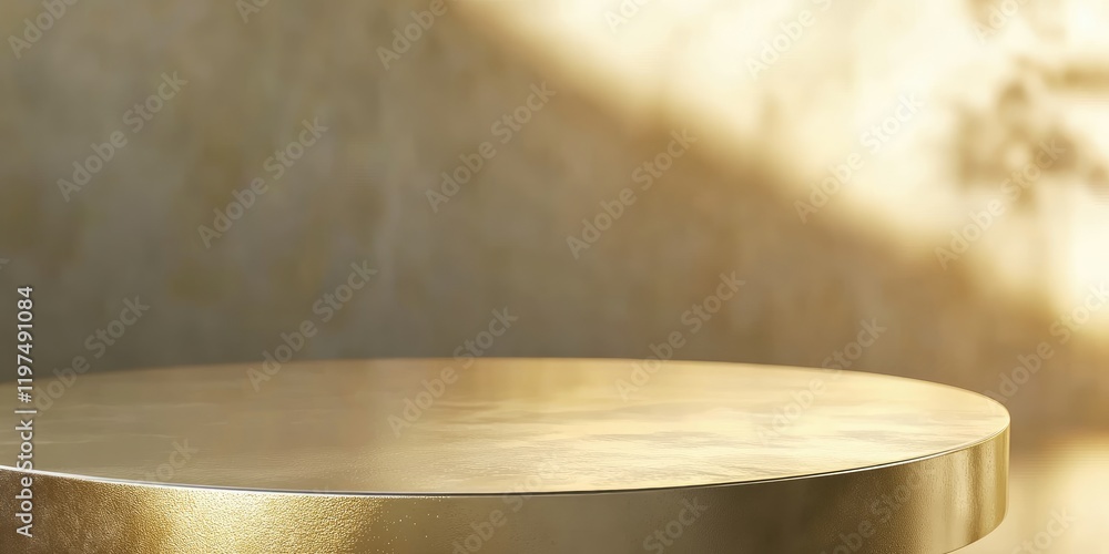 Poster shiny gold round table surface against a textured wall with soft light and shadows copy space