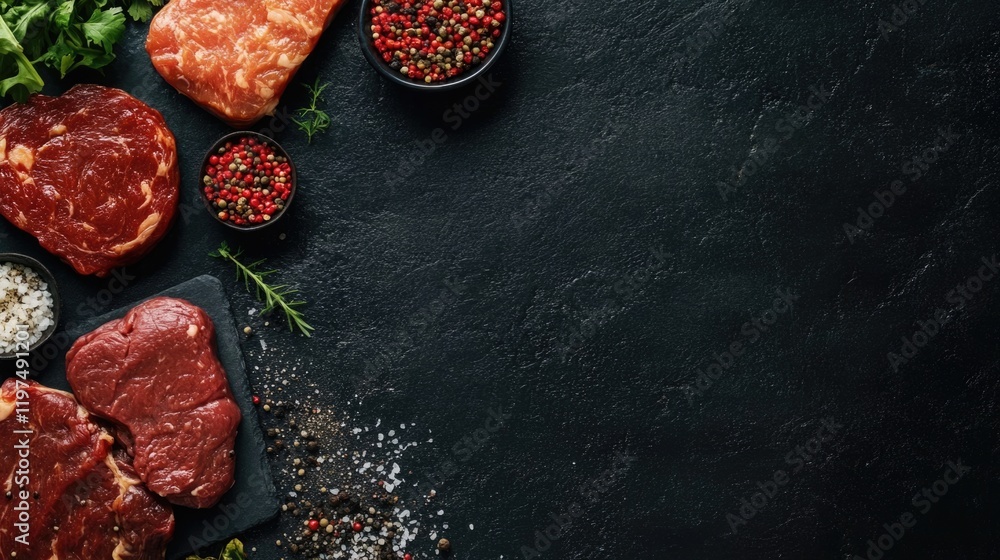 Poster raw meat cuts and spices on dark surface with copy space for text or recipes in food preparation or 