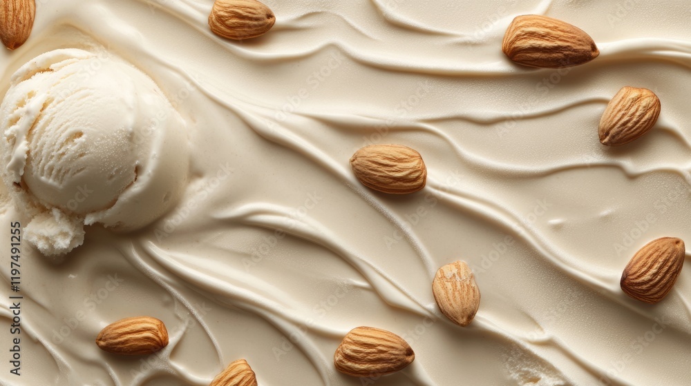 Poster creamy almond ice cream with whole almonds on smooth textured background with copy space for brandin