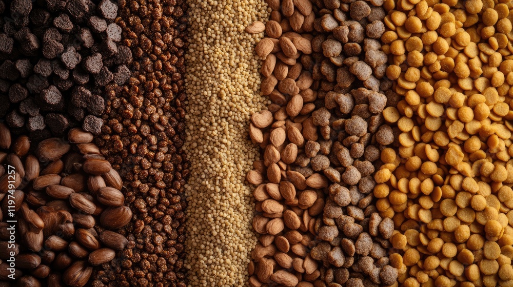 Poster assorted dried legumes and spices arranged in a pattern on a wooden surface with copy space for text