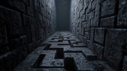 A dark, narrow maze with textured stone walls and a mysterious atmosphere.