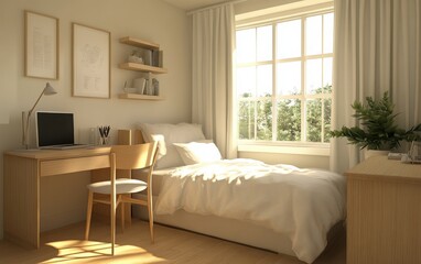 Fototapeta premium A serene bedroom with a small, simple light wood desk, white bed, and light oak flooring, complemented by a wide window that floods the room with natural light