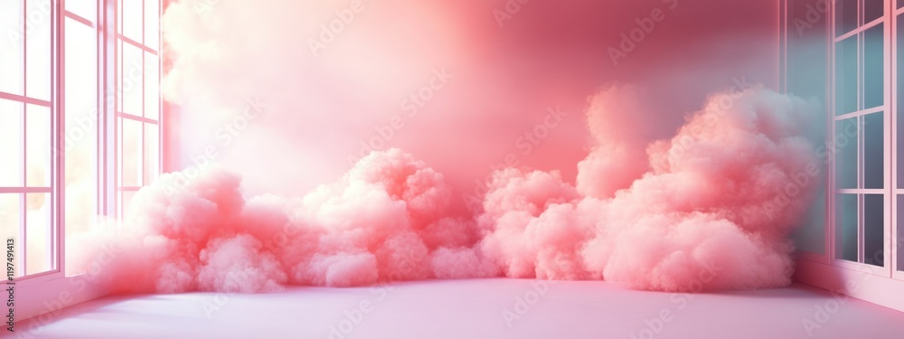 Poster soft pink fog in a spacious room with large windows and ample copy space for text insertion.