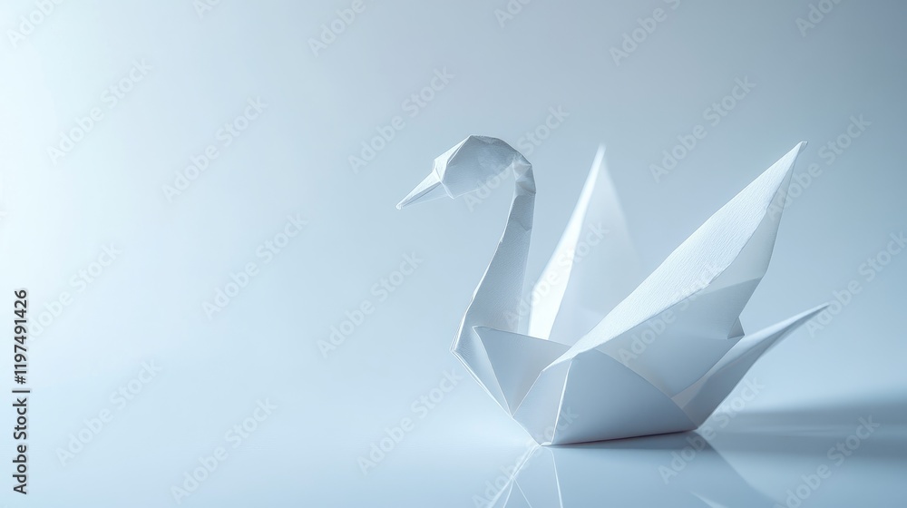 Poster white origami swan on a reflective surface with soft lighting ideal for artistic and decorative uses