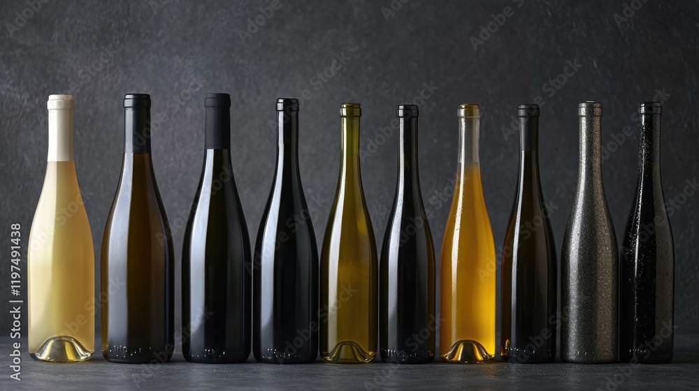 Poster assortment of wine bottles in various colors and shapes on a textured background with copy space for