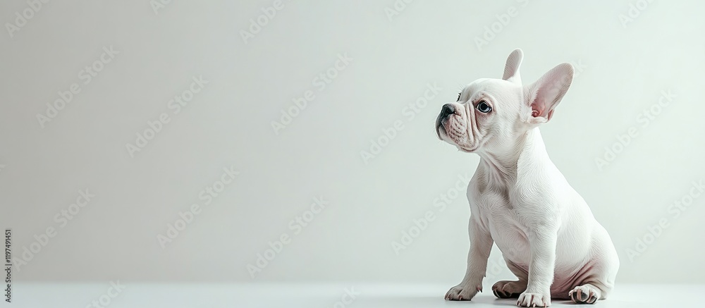 Poster white french bulldog sitting on a light background with ample copy space for text placement in a min