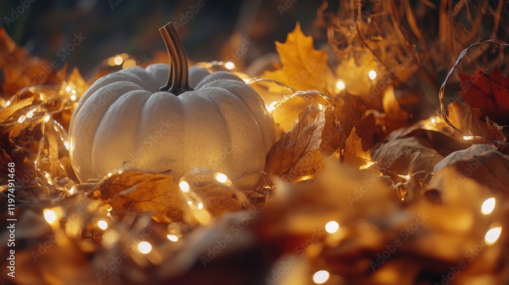 Poster white pumpkin surrounded by autumn leaves and warm glowing string lights in a soft focus background 