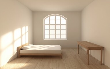 A simple 3D illustration of a minimalist bedroom featuring a wooden desk, a white bed with no headboard, pale wood floors, and a large window against a white wall 