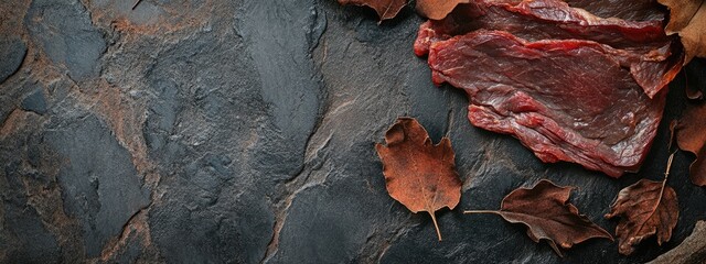 Raw meat slice on dark stone background with dry autumn leaves and natural textures Copy Space