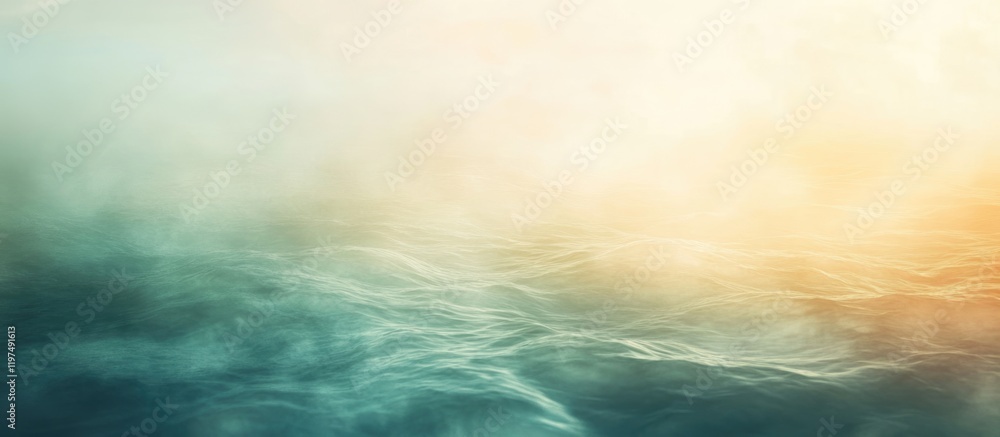 Poster calm ocean surface with gentle waves under a soft gradient of warm sunlight and cool colors, providi